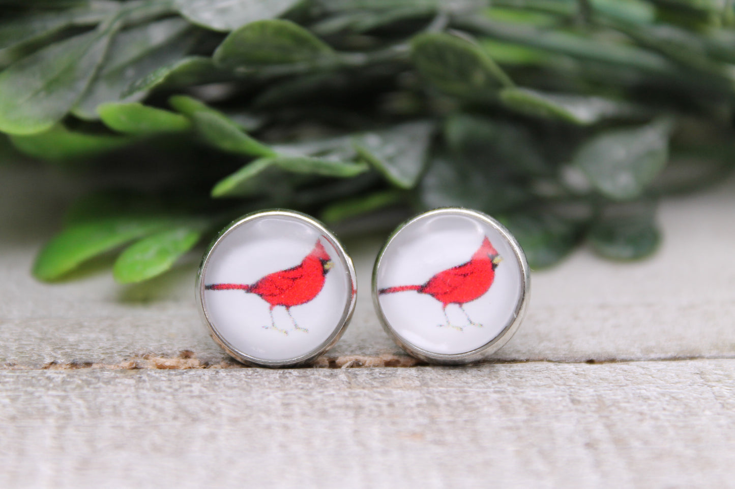 Cardinal on White || 12mm Stud Earrings || Hypoallergenic