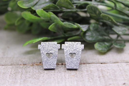 Silver Glitter Coffee Cup with Heart || 13mm Stud Earrings || Hypoallergenic