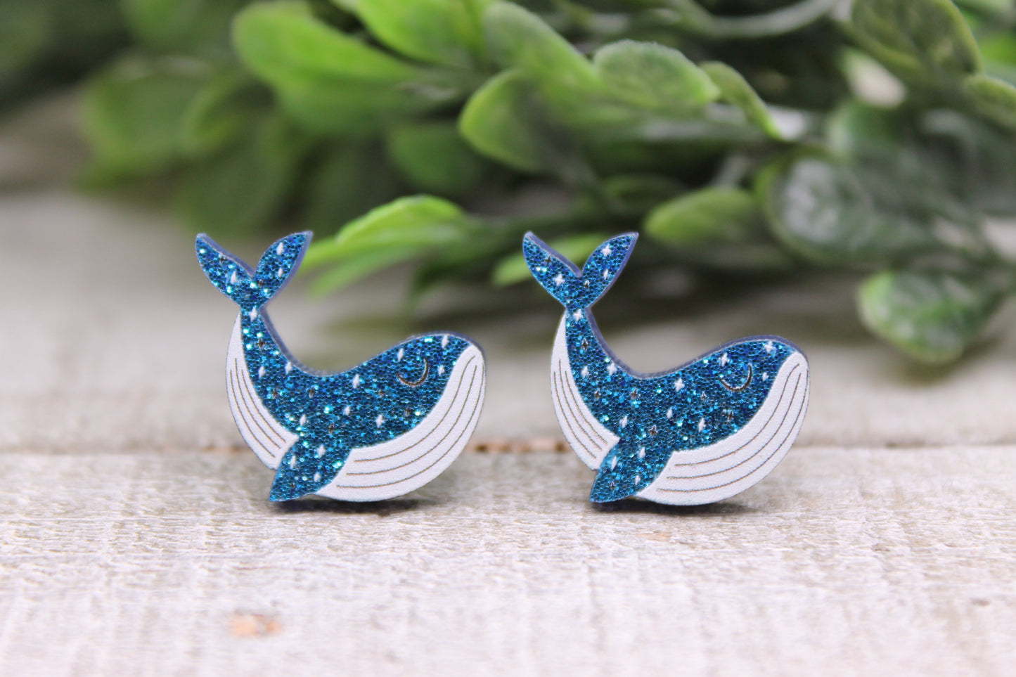 Glitter Blue Whales || 14mm Stud Earrings || Hypoallergenic