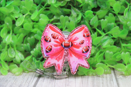 Pink Football Bow Badge/ID Holder Reel