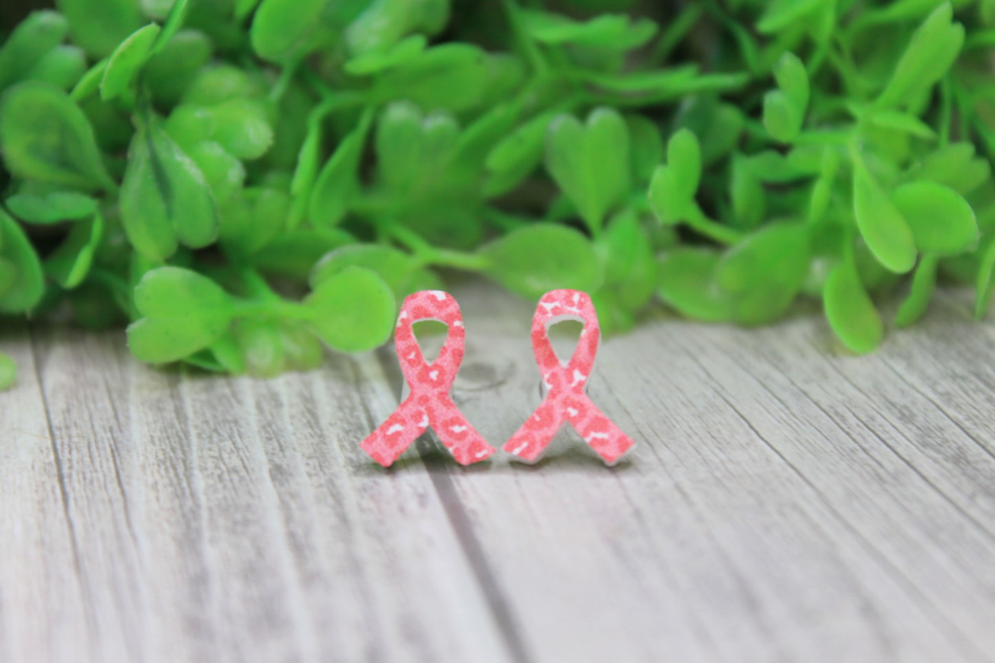 Pink Leopard Breast Cancer Awareness Ribbon Stud Earrings