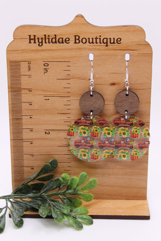 Red Truck & Sunflowers Circle || Dangle Earrings