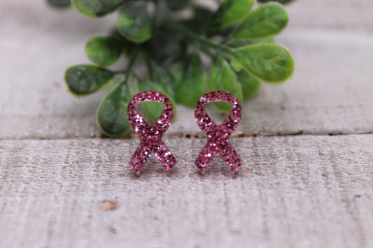 Pink Glitter Breast Cancer Awareness Ribbon || 12mm Stud Earrings || Hypoallergenic