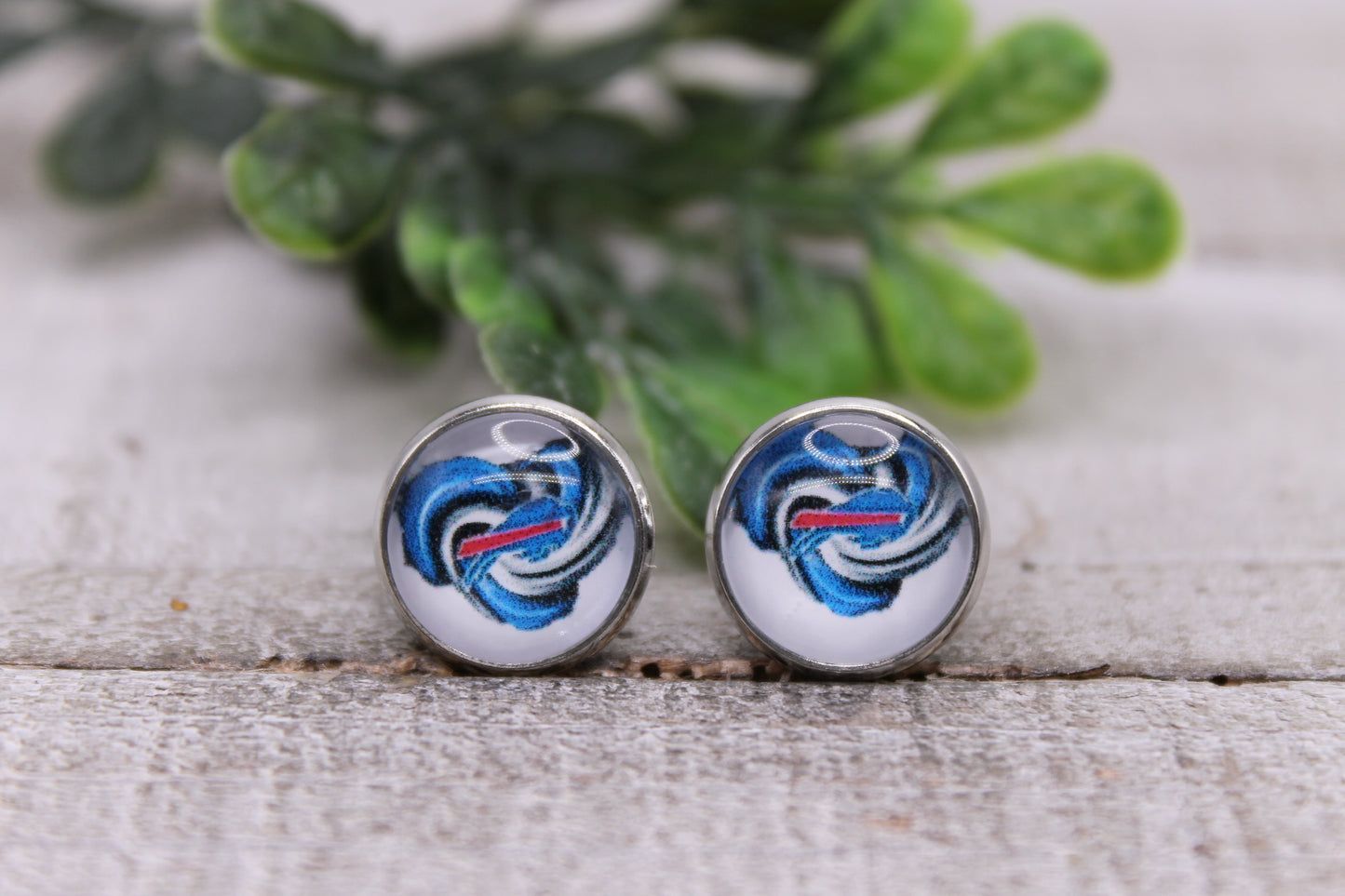 Buffalo Bills Football Whirlpool Hearts || 12mm Glass Stud Earrings || Hypoallergenic