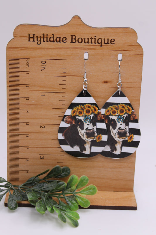 Cow with Sunflower Crown Teardrop - Double Sided || Dangle Earrings