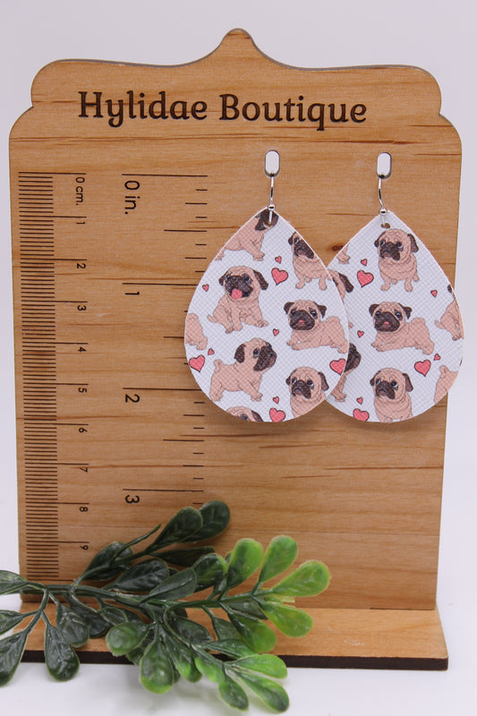 Pugs with Hearts || Faux Leather Teardrop Dangle Earrings || Single-Sided