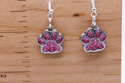 Pink Glitter Paw Prints || Dangle Earrings