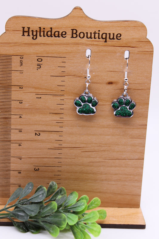 Green Glitter Paw Prints || Dangle Earrings