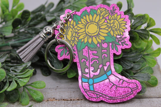 Pink Glitter Cowgirl Boots with Sunflowers • Tassel Keychain