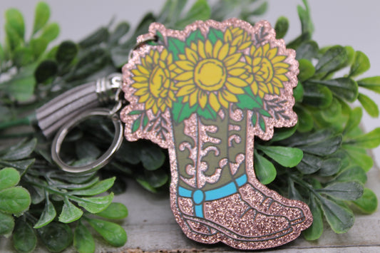 Brown Glitter Cowgirl Boots with Sunflowers • Tassel Keychain