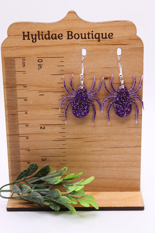 Purple Glitter Spider • Dangle Earrings