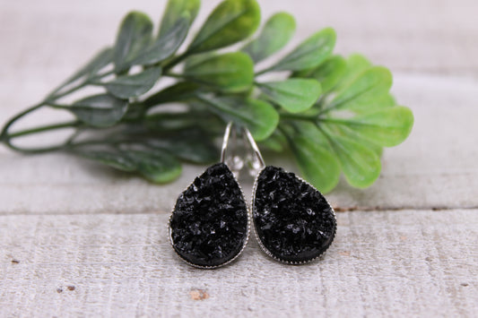 Black Druzy || Teardrop French Lever Earrings