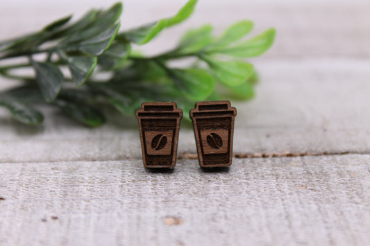 Coffee Cups || 12mm Wood Stud Earrings || Hypoallergenic