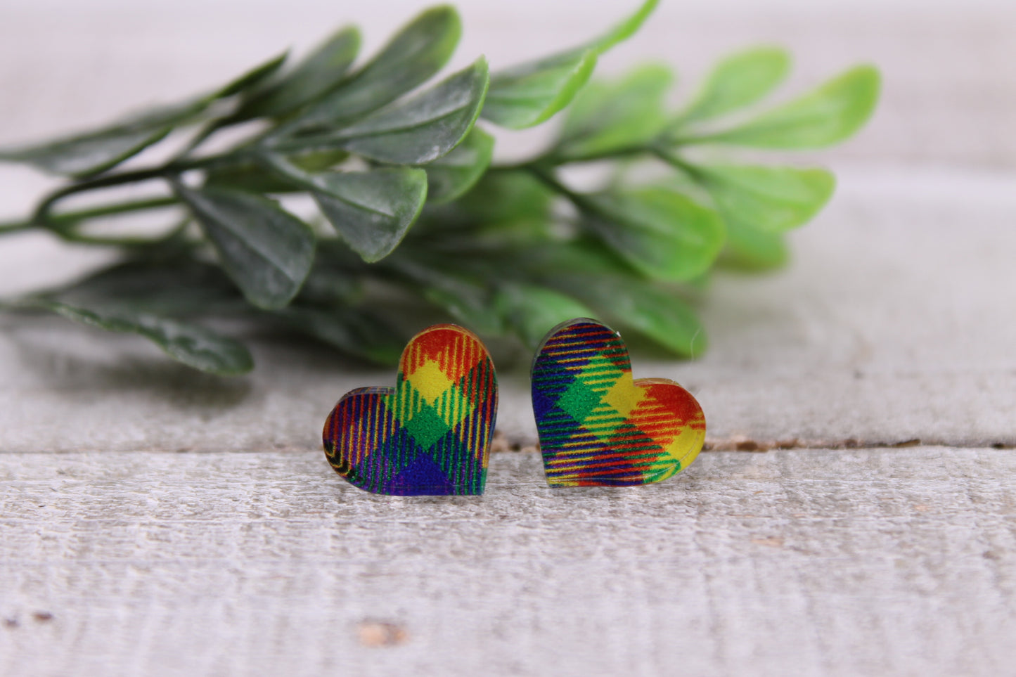 Colorful Plaid Hearts || 12mm Stud Earrings || Hypoallergenic