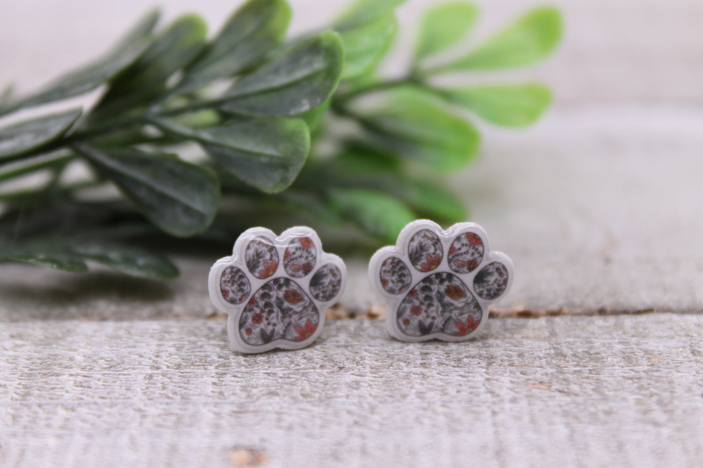 Floral Paw Prints || 12mm Stud Earrings || Hypoallergenic