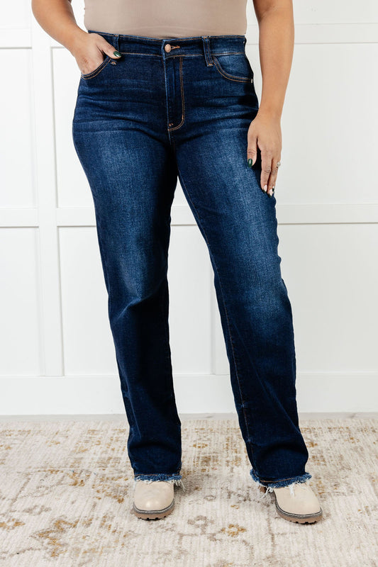 Jacqueline Mid Rise Frayed Hem Straight Leg Jean {Ships in 3-5 Business Days}