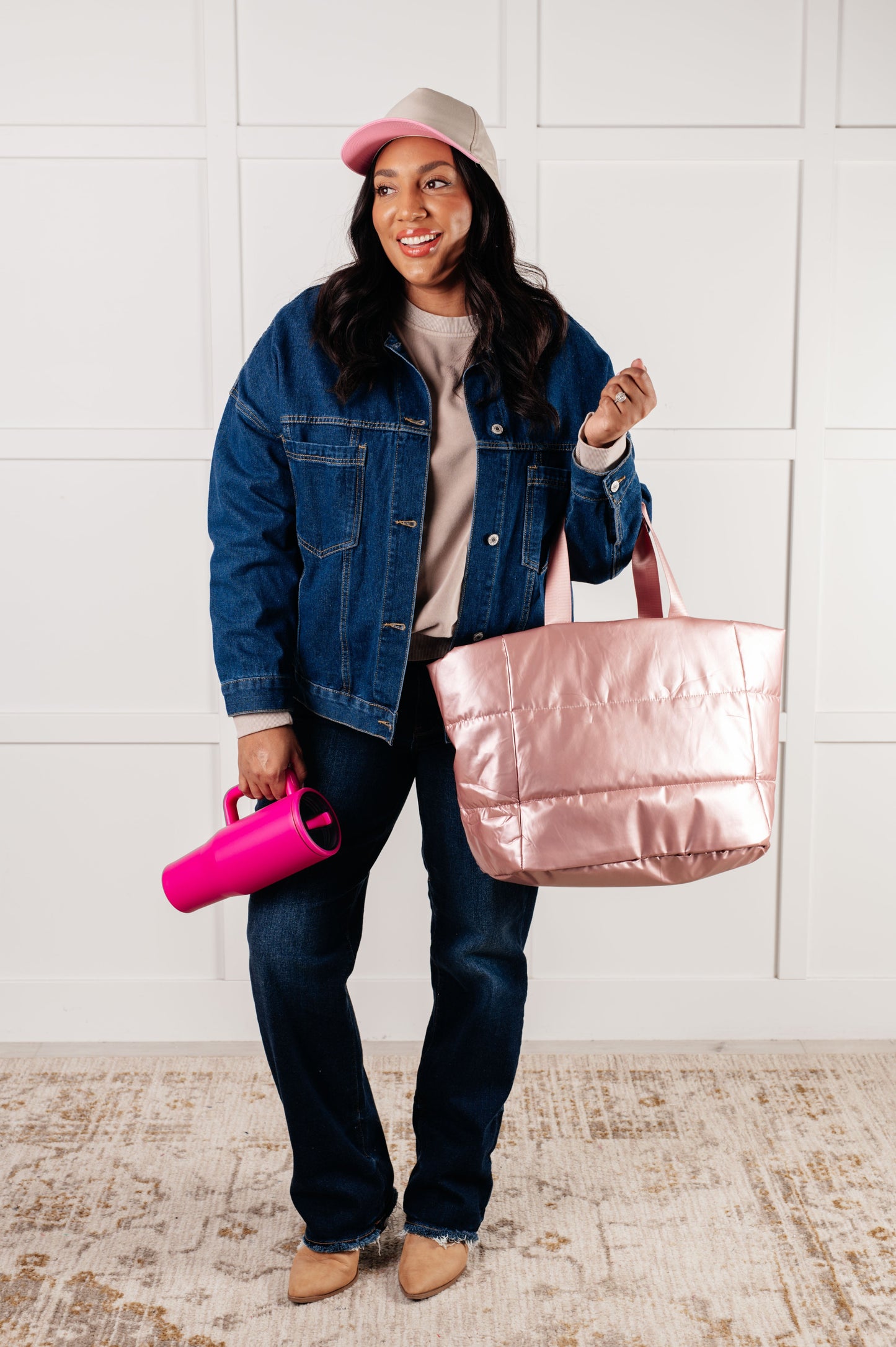 One More Thing Puffy Quilted Waterproof Tote in Pink  (Ships in 3-5 Business Days)