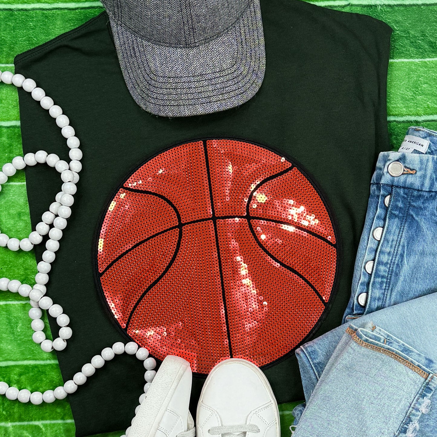 Sequin Basketball Chenille Patch Forest Green Everyday Tee • Ships in 3-7 Business Days