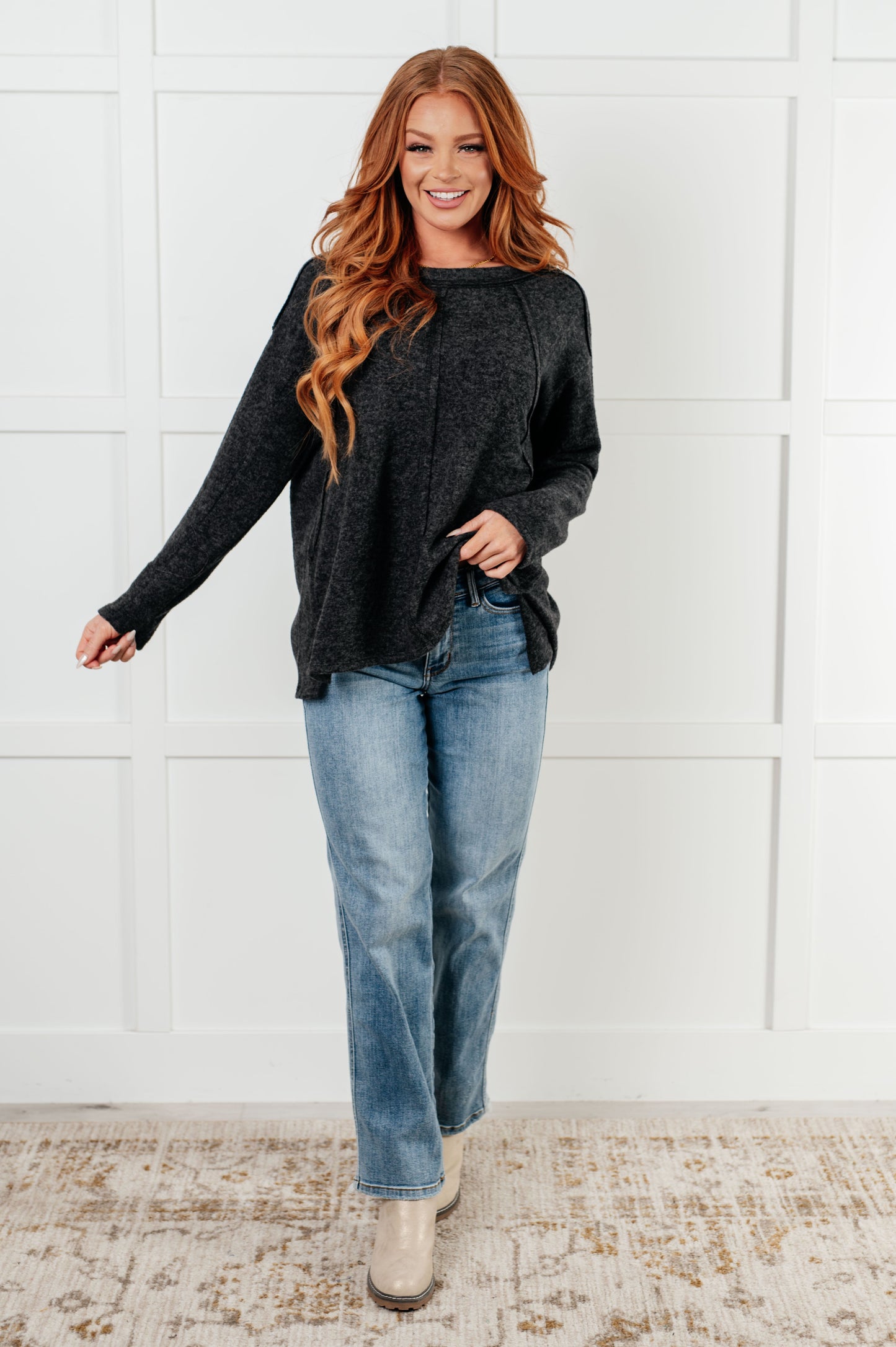 Simple Silhouette Brushed Hacci Sweater in Black {Ships in 3-5 Business Days}