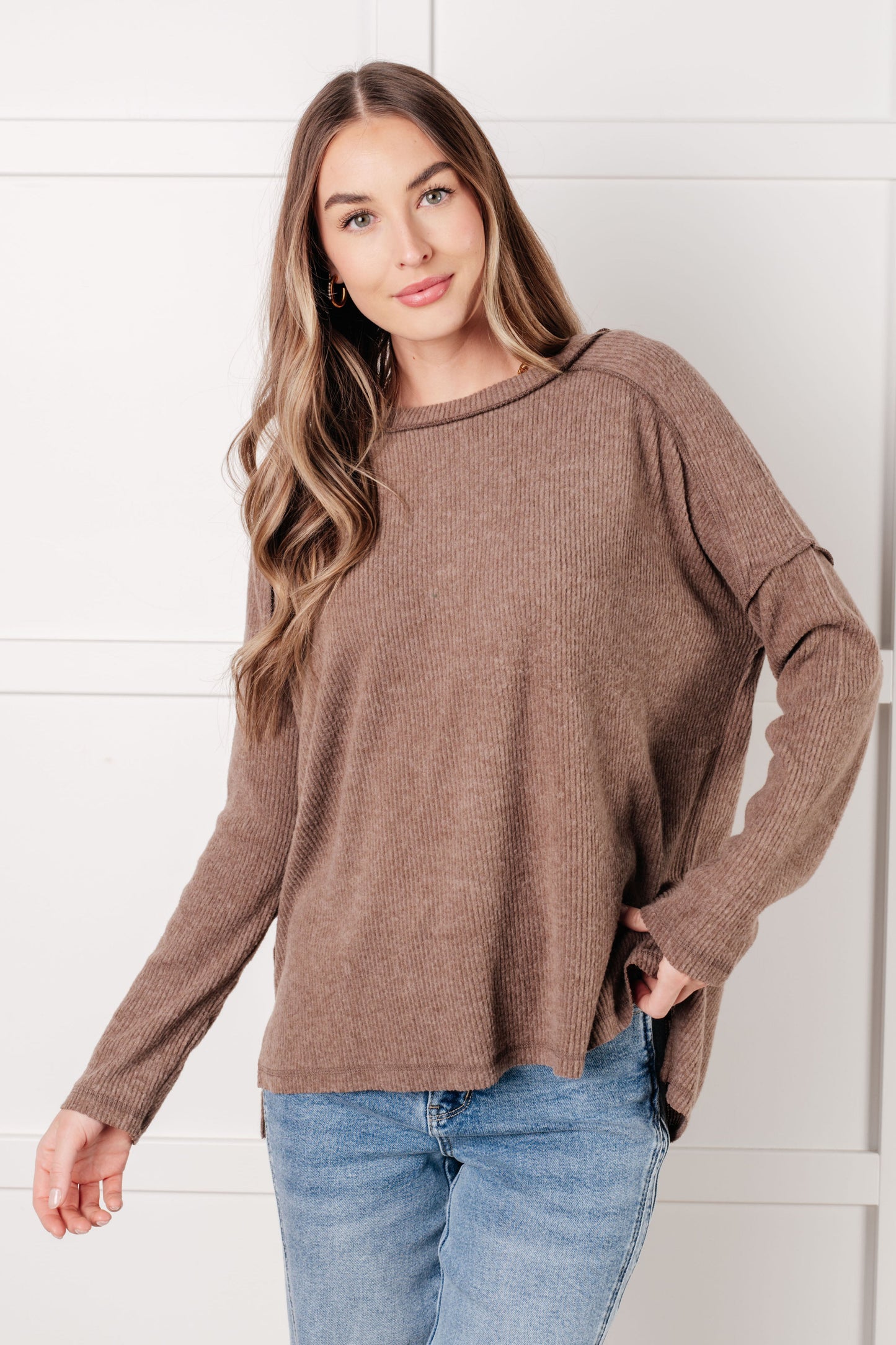 Simply Basic Ribbed Hacci Sweater in Mocha