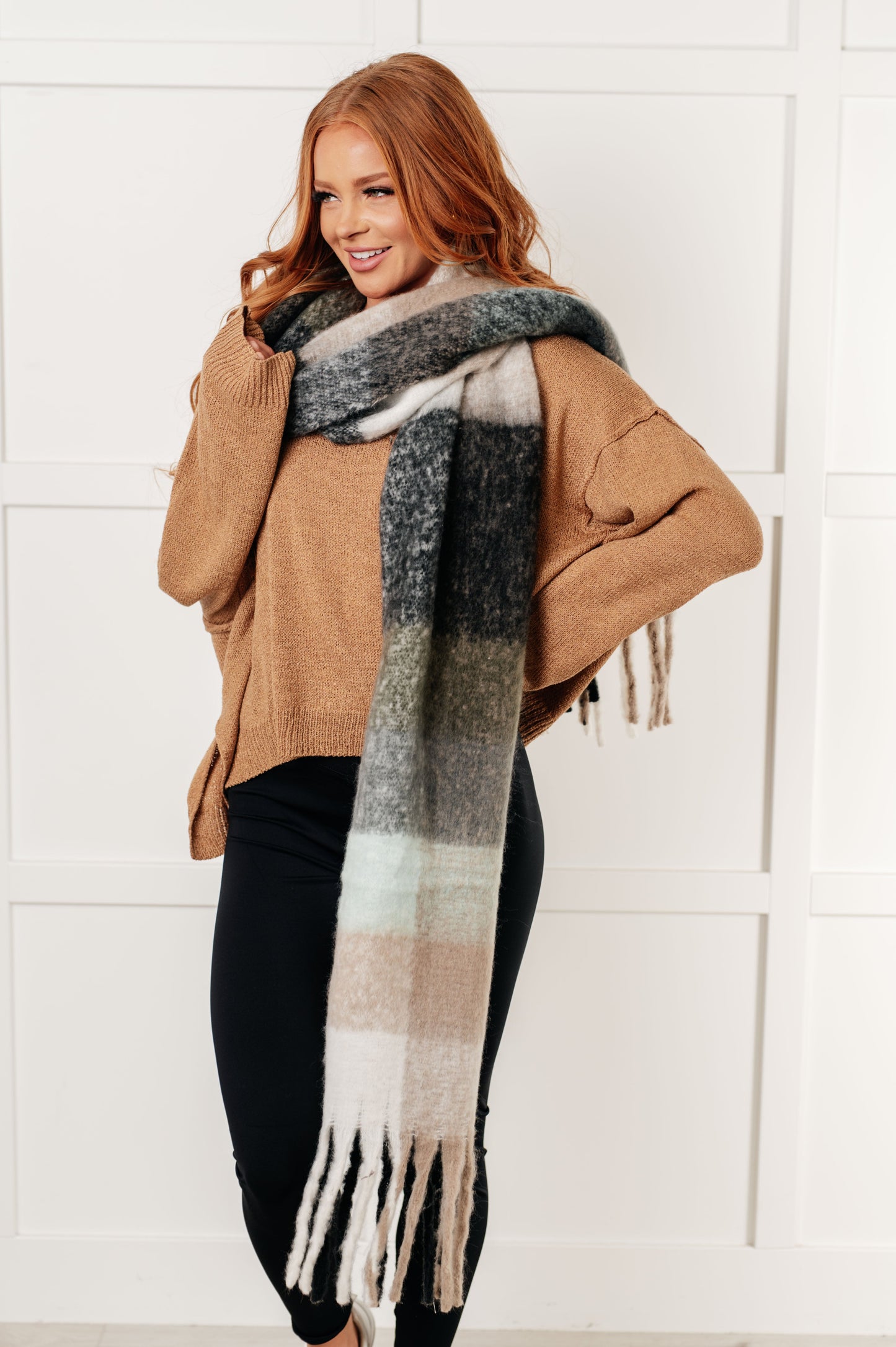 Wanderlust Wrap Oversized Plaid Fringe Scarf in Grey and Jade {Ships in 3-5 Business Days}