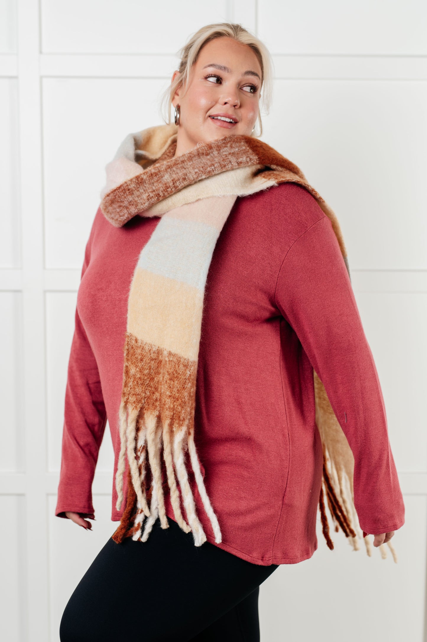 Wanderlust Wrap Oversized Plaid Fringe Scarf in Light Brown {Ships in 3-5 Business Days}