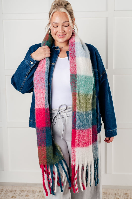 Wanderlust Wrap Oversized Plaid Fringe Scarf in Magenta and Teal {Ships in 3-5 Business Days}