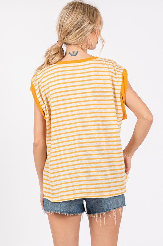 Ces Femme Side Slit Striped Cap Sleeve T-Shirt