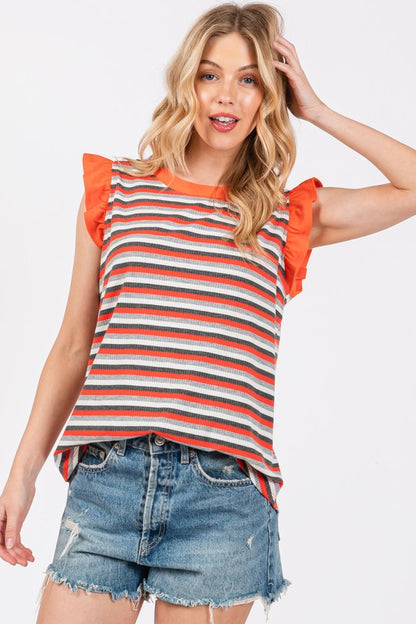 Ces Femme Striped Round Neck Ruffled Cap Sleeve Top