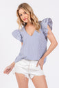 Ces Femme Striped V-Neck Ruffled Cap Sleeve Blouse