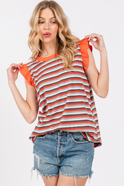 Ces Femme Striped Round Neck Ruffled Cap Sleeve Top