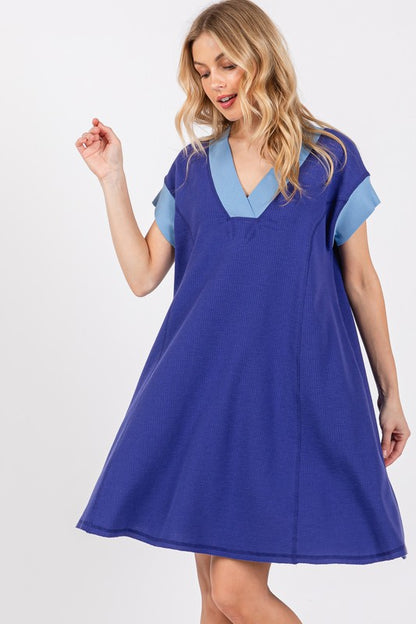 Ces Femme Contrast Trim V-Neck Short Sleeve Dress