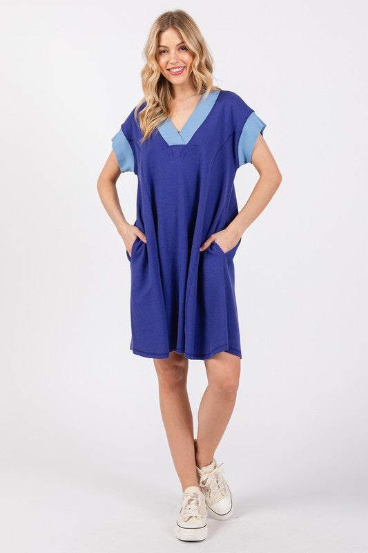 Ces Femme Contrast Trim V-Neck Short Sleeve Dress