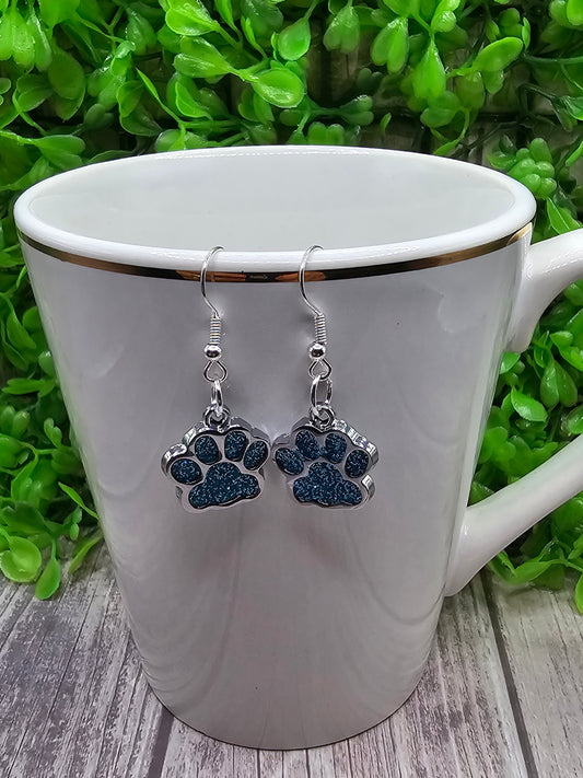 Lake Blue Glitter Paw Prints || Dangle Earrings