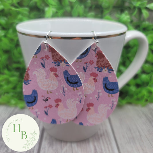 Floral Chickens on Pink  || Faux Leather Teardrop Dangle Earrings || Single-Sided