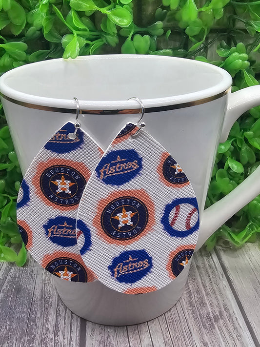 Astros Baseball || Faux Leather Teardrop Dangle Earrings || Single-Sided