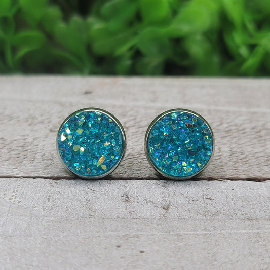 Teal Krystal Glitz Druzy Stud Earrings