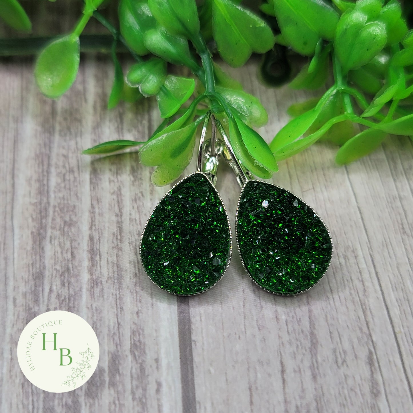 Green Glassy Druzy Teardrop French Lever Earrings