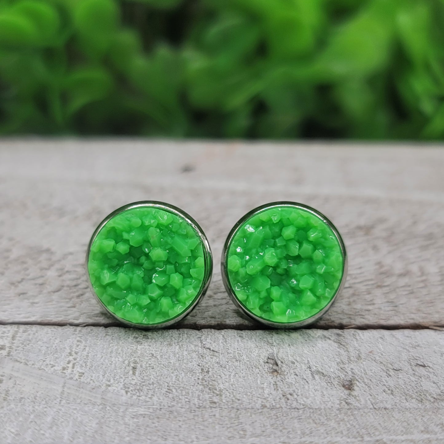 Green Neon Druzy Stud Earrings