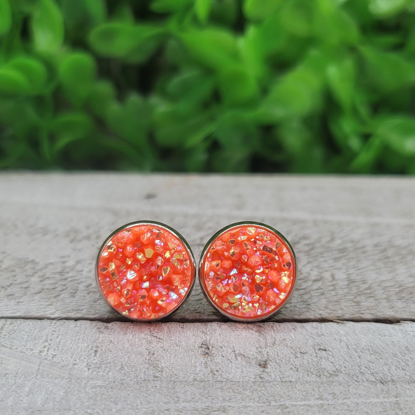 Orange Glitz Neon Druzy Stud Earrings