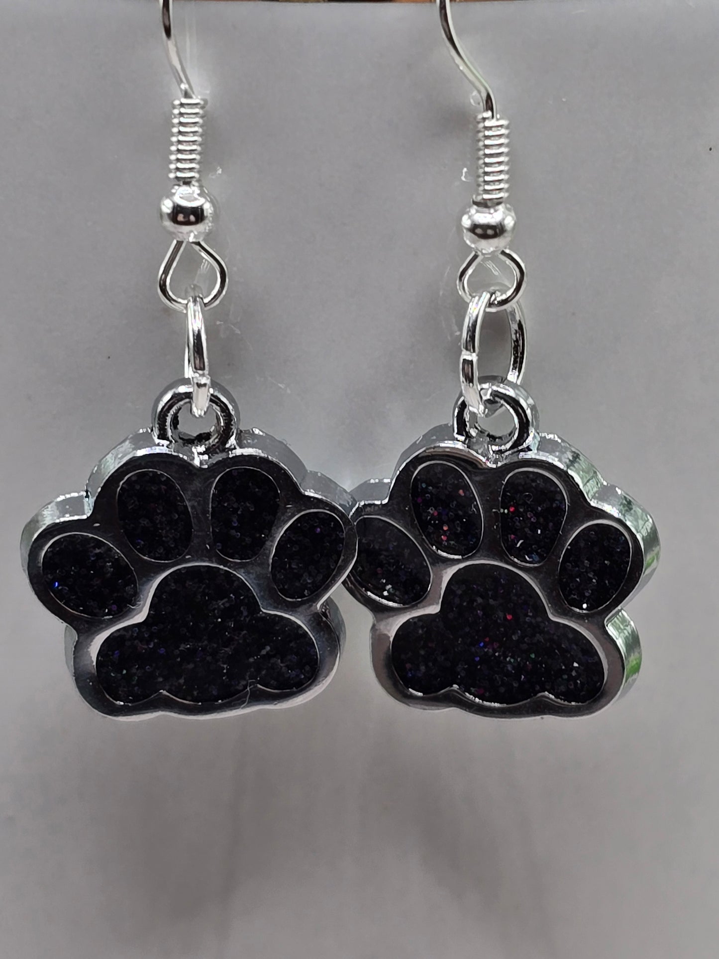 Black Glitter Paw Prints || Dangle Earrings