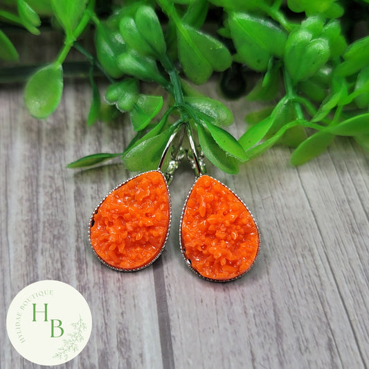 Neon Orange Druzy Teardrop French Lever Earrings