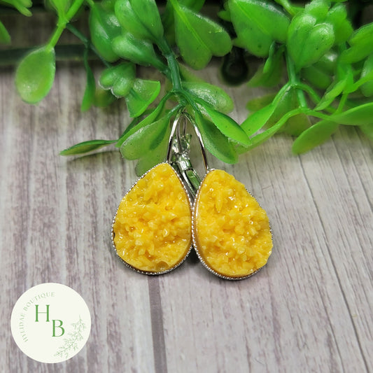 Sunflower Yellow Druzy Teardrop French Lever Earrings