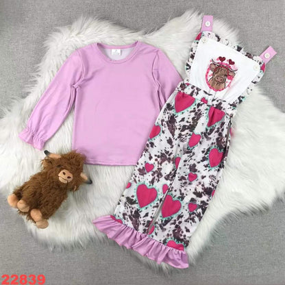 Heart Highland Cow Valentine's Day Youth Bib Pant Set ☆ PREORDER