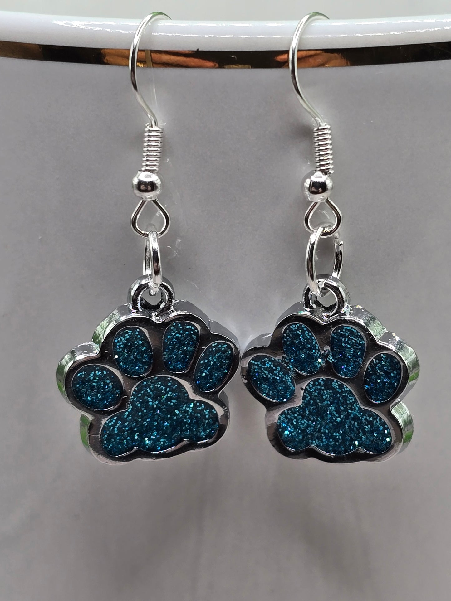 Lake Blue Glitter Paw Prints || Dangle Earrings