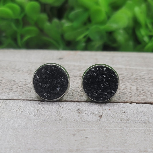 Black Druzy Stud Earrings