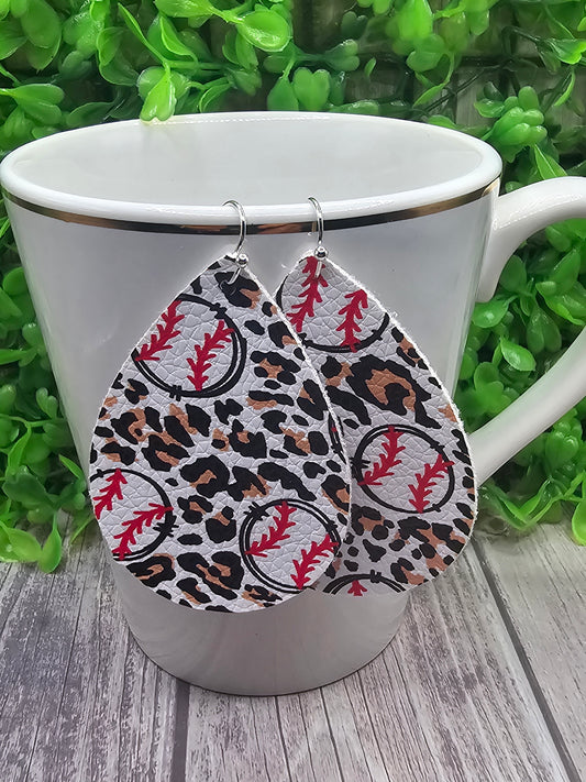 Baseball on Leopard || Faux Leather Teardrop Dangle Earrings || Single-Sided