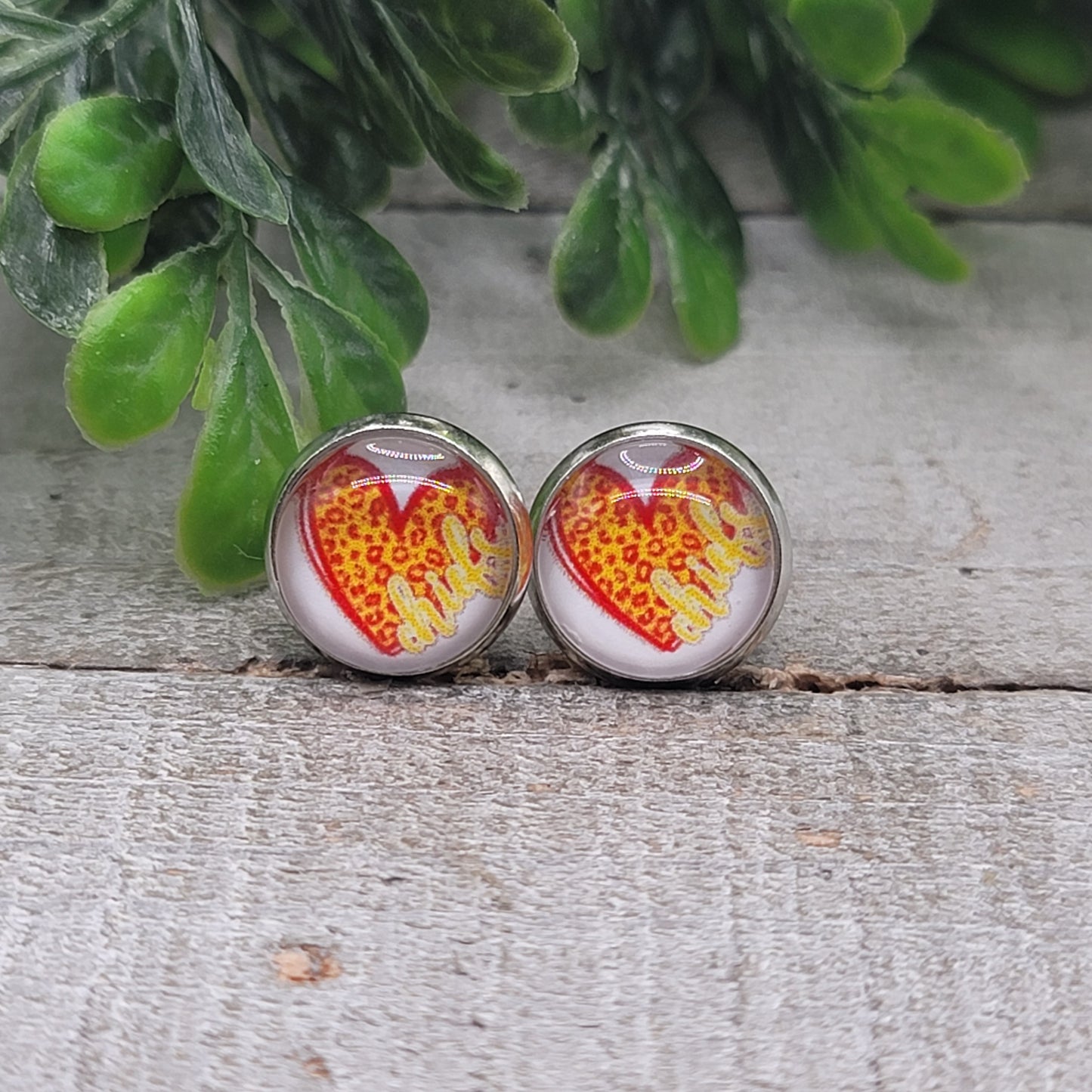 Chiefs Red Leopard Heart | 12mm Glass Stud Earrings | Hypoallergenic