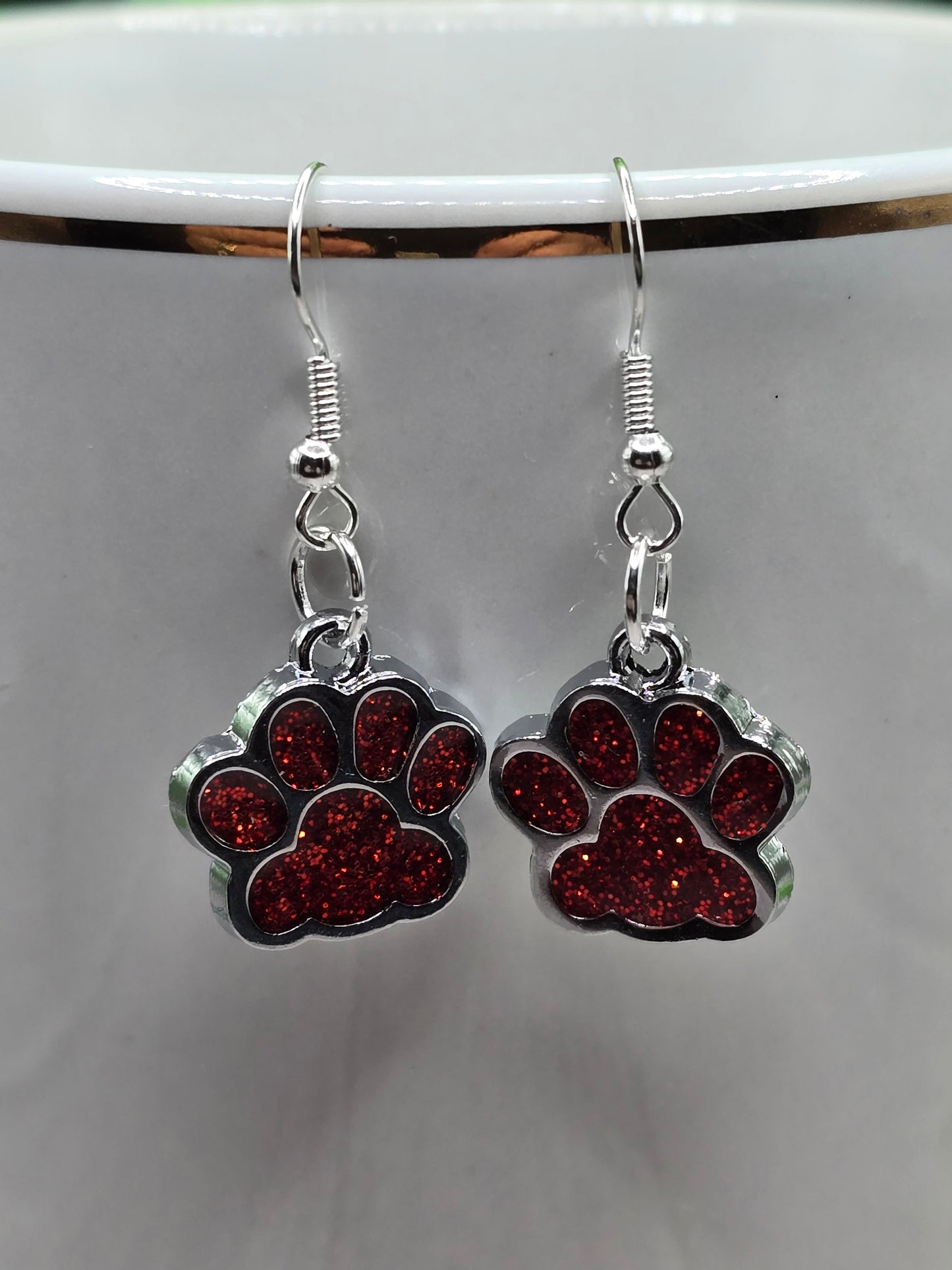 Red Glitter Paw Prints || Dangle Earrings