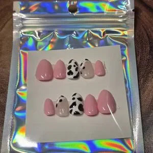 Pink and Cow Print Medium Almond Press-On Nails